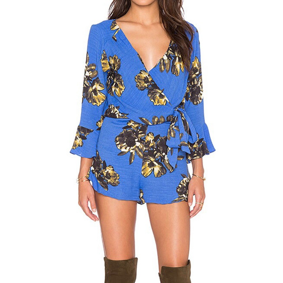 Free People '25 Royal Blue Floral Romper Rush Ruffles Wrap Front about Sz L-XL - Picture 3 of 16